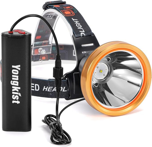 Super Bright Headlamp Rechargeable LED Headlight with Battery, High Power Waterproof Spotlight Flashlight Torch, Coon Hunting Light for Outdoor Camping, Hiking, Fishing, Running, Garden Work