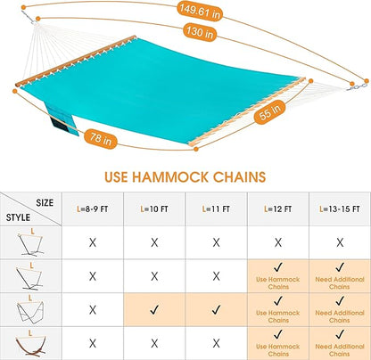 Lazy Daze Hammocks 11 FT Double Outside Hammock Quick Dry Olefin Fabric Hammock with Spreader Bar & Side Pocket for Outdoor Poolside Backyard 450 lbs Capacity, Turquoise