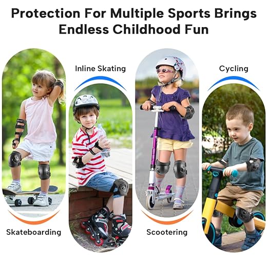 Cockchafer Kids and Youth Knee Elbow Wrist Guards Protective Gear Set for Skateboarding, Roller Skating, Inline Skating, Scooter Riding, BMX Biking (Black, Medium)