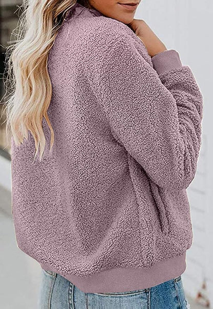 MIROL Women's Fall Trendy Fleece Jacket Faux Sherpa Fuzzy Casual Long Sleeve Zip Up Loose Fit Bomber Winter Coat