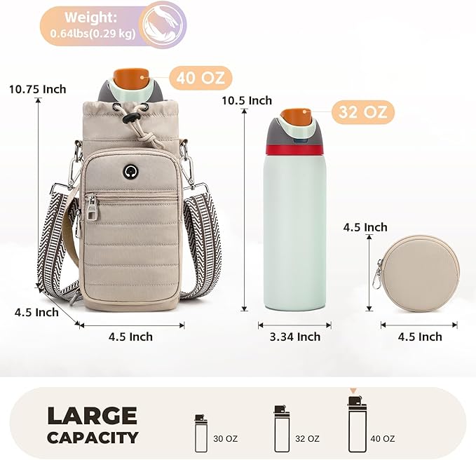 Water Bottle Carrier Bag with Strap, Sling Bag for Walking, Hiking, Cycling, Black, 40 Ounces