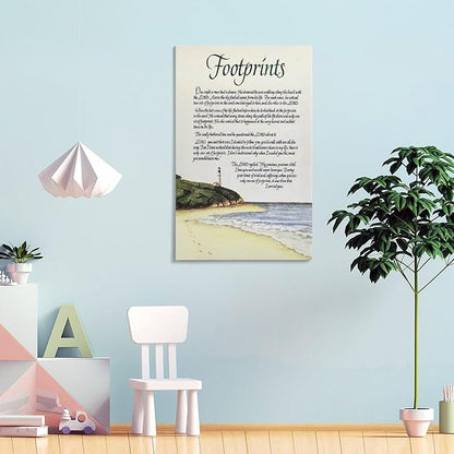 Footprints in the Sand Religious Canvas Wall Art Posters, Inspirational Beach Sunset Poem Print Poster (Framed 24x36inch, Footprints(5))