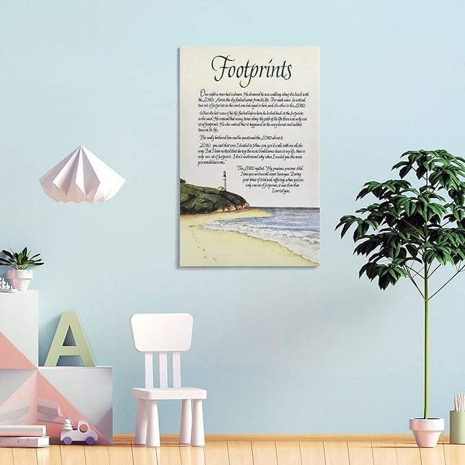 Footprints in the Sand Religious Canvas Wall Art Posters, Inspirational Beach Sunset Poem Print Poster (Framed 12x18inch, Footprints(5))