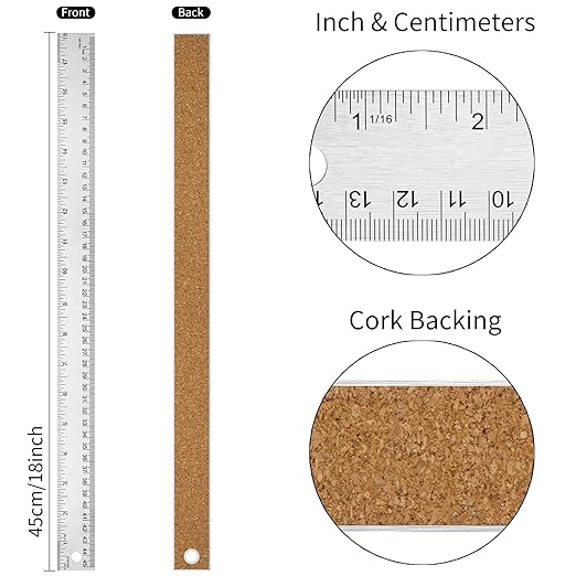 Metal Ruler with Cork Backing, 18 Inch Stainless Steel Rulers 18 inch Metal Ruler - Imperial and Metric - Non-Slip Prevent Ink Leakage - for School Office Engineering Tools
