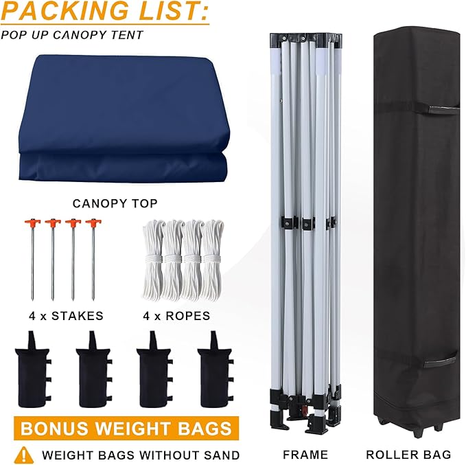 Pop Up Canopy Tent 10x10 for Outdoor Heavy Duty Commercial Instant Sun Shelter,with Wheeled Carry Bags,4Ropes and Stakes and 4 sandbags,Navy Blue