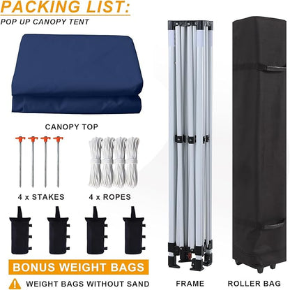Pop Up Canopy Tent 10x10 for Outdoor Heavy Duty Commercial Instant Sun Shelter,with Wheeled Carry Bags,4Ropes and Stakes and 4 sandbags,Navy Blue