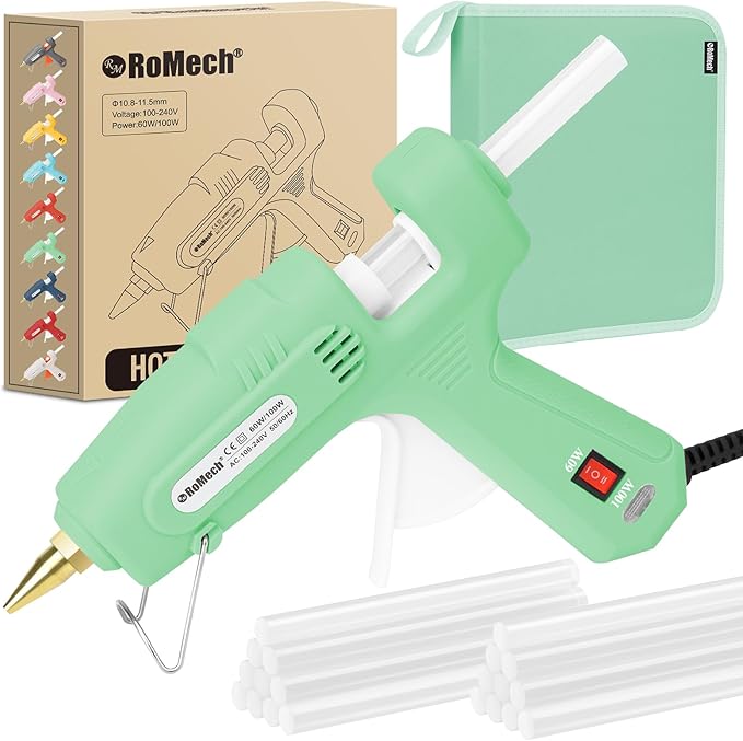 ROMECH Full Size Hot Glue Gun with 60/100W Dual Power and 21 Hot Glue Sticks (7/16"), Fast Preheating Heavy Duty Industrial Gluegun with Storage Case for Crafting, DIY and Repairs (Light Green)