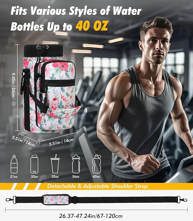 Nuovoware Water Bottle Carrier Bag,25oz/40oz/64oz Bottle Pouch Holder,Adjustable Shoulder Hand Strap 2 Pocket Sling Neoprene Sleeve Sports Accessories for Hiking Travelling Camping