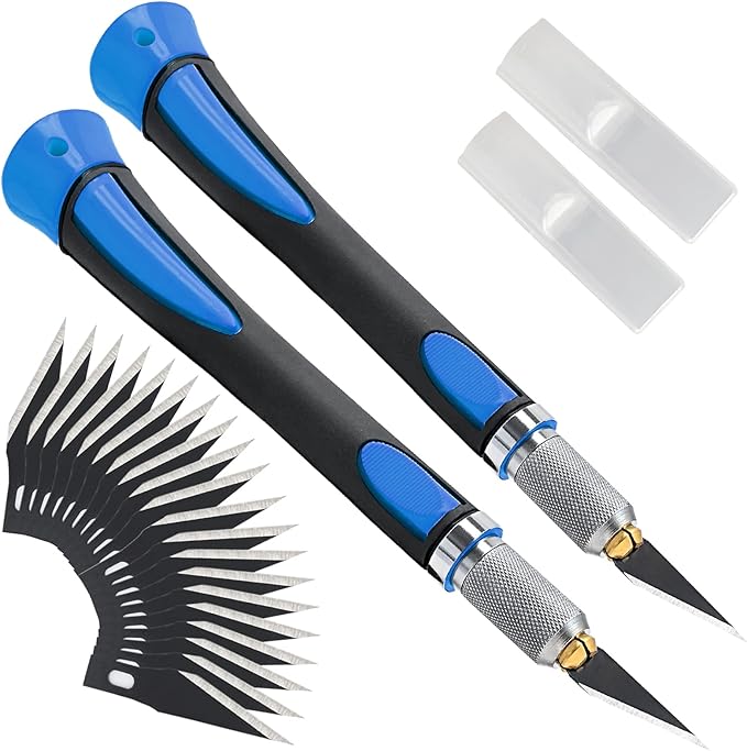 FOSHIO 2 Pack Precision Craft Knife Set with 20 Pieces Replacement Blades, Ergonomic Non-Slip Handle Hobby Knife with Protective Cover for Art, Craft Scrapbooking, Stencil (Blue)