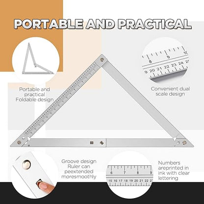 24 Inch Folding Triangle Ruler Aluminum Framing Square for Carpenter Tools Construction Framing Tool Woodworking Foldable Frame Measurement Angle Ruler