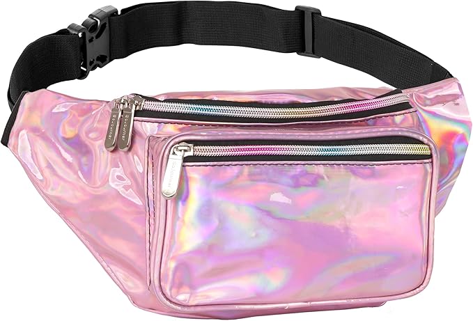 Holographic Fanny Pack Belt bag - Crossbody Waist Bag for Men or Women - Hands-Free, Waterproof Large Bumbag for Hiking, Running, and Travel (Pale Pink)