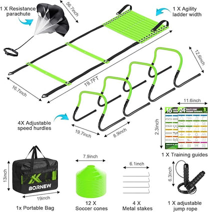 Agility Speed Training Equipment Set, Football Practise Set with 20ft Agility Ladder, 12 Cones, 4 Adjustable Hurdles, Jump Rope, Parachute, for Basketball, Soccer, Football, Kids, Youth, Adults