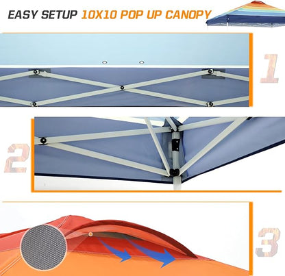 EAGLE PEAK Pop Up Canopy Tent with Wheeled Carry Bag, 8 Stakes, 4 Ropes, 4 Weight Bags, Easy Set Up Tent Canopy, 10x10 ft, 100sqft of Shade, Sunset Stripe