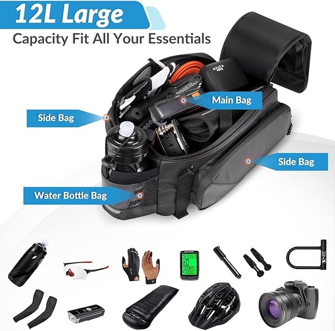 WOTOW Rear Rack Bag, 12L Waterproof Reflective Bicycle Trunk Bag, Cycling Rear Seat Carrier Backseat Storage Luggage with Water Bottle Holder, Shoulder Strap for MTB Bike E-Bike