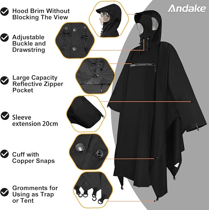 Andake Waterproof Rain Poncho for Adults Unisex,230T Ripstop Polyester,Raincoat Gear with Transparent Viewing Window Outdoors
