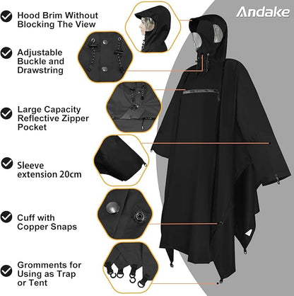 Andake Waterproof Rain Poncho for Adults Unisex,230T Ripstop Polyester,Raincoat Gear with Transparent Viewing Window Outdoors