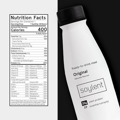 Soylent Original Meal Replacement Shake, Ready-to-Drink Plant Based Protein Drink, Contains 20g Complete Vegan Protein and 1g Sugar, 14oz, 12 Pack