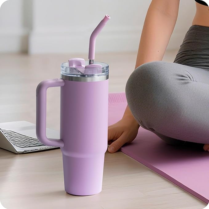 Reusable Metal Straws with Silicone Tip for Stanley 30oz,Stainless Steel Drinking Straws for 30oz Tumbler,3 Straight Tubes & 6 Tips& 1 Cleanr Brush (Lilac)