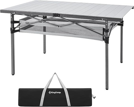KingCamp Folding Camping Table, Aluminum Roll-Up Camp Table, Large Foldable Table for 6-8 Person, Outdoor Portable Tables with Carry Bag, 120 LBS Heavy Duty Load (Silver+Mesh：53.5"x27.5")
