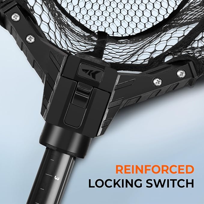 KastKing Brutus Folding Landing Net with Boat Hook, Foldable, Extendable, Lightweight & Strong, Multi-Functional Built-in Boat Hook, Non-Slip & Bright Orange TPR Handle, Two Nets Options