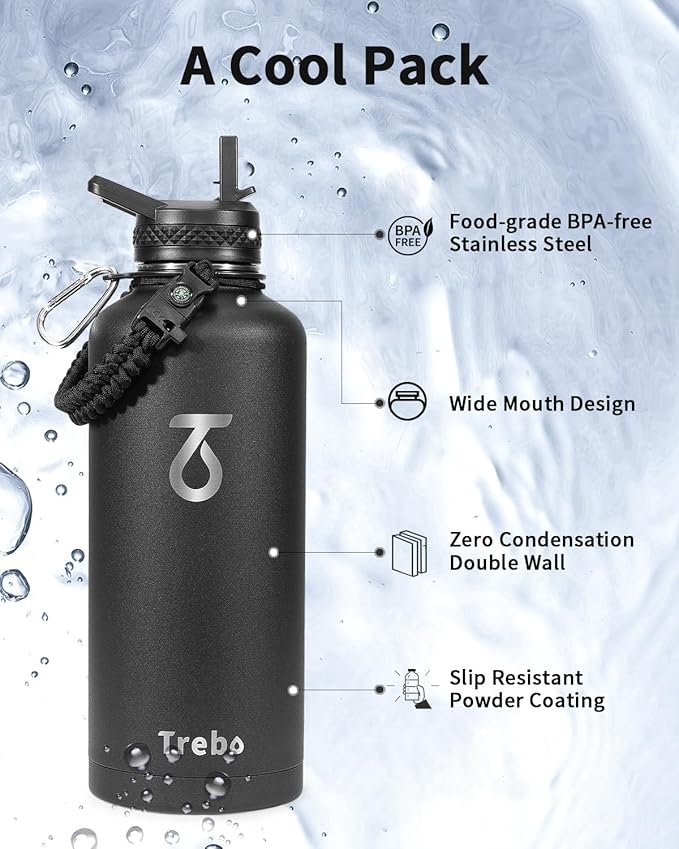 Trebo Water Bottle 87 oz with Paracord Handle, Double Wall Vacuum Stainless Steel Insulated Water Jug (Keep Cold 48hrs),Leakproof Flask For Hot Drinks with Straw Spout Lids, Black