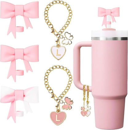 Pink Bow for Stanley Straw Topper- 3pcs Cute Cup Bow Straw Cover Silicone Cap 10mm with 2pcs Initial Letter Charms Name Id Personalized Accessories 40/30 Oz Tumbler Water Bottle Cups L