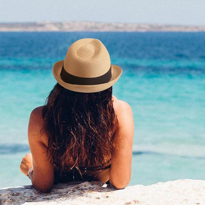 DRESHOW Women Straw Sun Hat Short Brim Panama Travel Fedora Beach Cap Roll up Summer Hat for Women Men UPF 50+