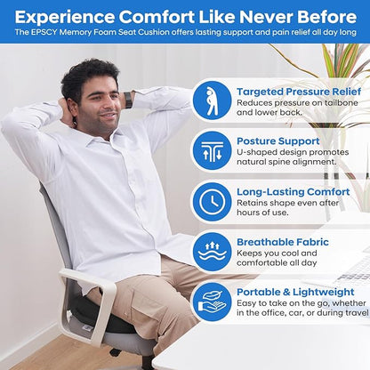 EPSCY Memory Foam Seat Cushion for Office Chair, Car, Airplane & Bleachers – Ergonomic Support for Sciatica, Hip & Tailbone Pain Relief – Comfort Pad for Long Sitting, Office Workers & Driver - Grey