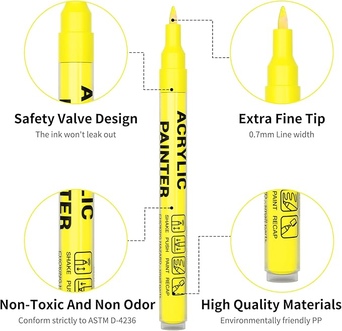 Acrylic Paint Pens Waterproof Markers 6 Yellow Permanent Marker Pens Acrylic Pens for Rock Painting Glass Stone Ceramic Metal Fabric Pebble Painting pens Craft Supplies