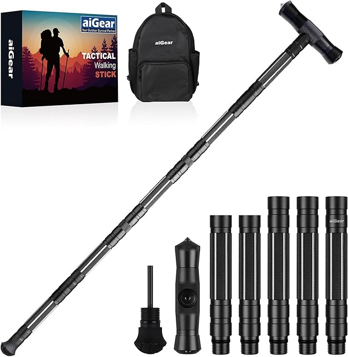 aiGear Tactical Stick Hiking Walking Staff - Trekking Poles Outdoor Tactical Staff Adjustable Hiking Stick for Survival Camping Hiking
