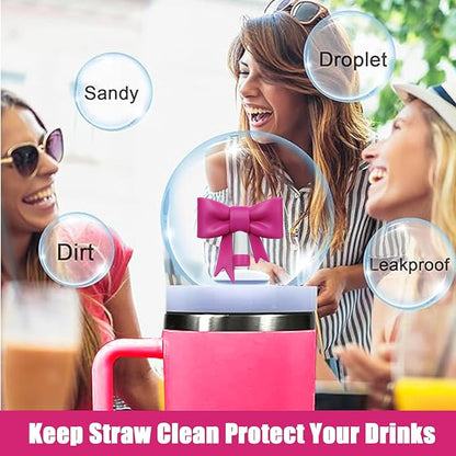 4Pcs Silicone Straw Toppers Covers for Stanley Cups 40/30oz 10mm(0.4in) Dust-Proof Bow Straw Covers Toppers Suitbale for Stanley Cup Accessories Reusable Straws Caps (Purple Rose Red)