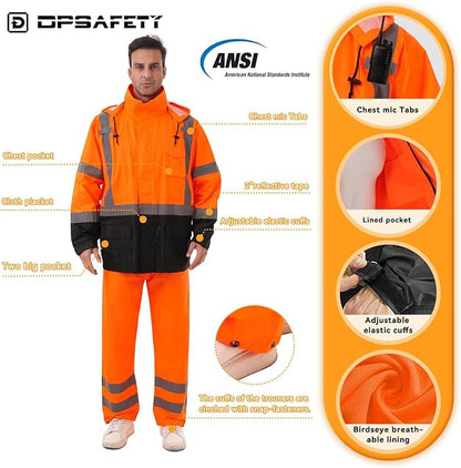 Hi Vis Safety rain Jacket，Reflective Class 3 Rain coat with Inner Mesh Lining and Pockets High Visibility Waterproof work Rain Suits for men&women（Tangerine,2XL/3XL）