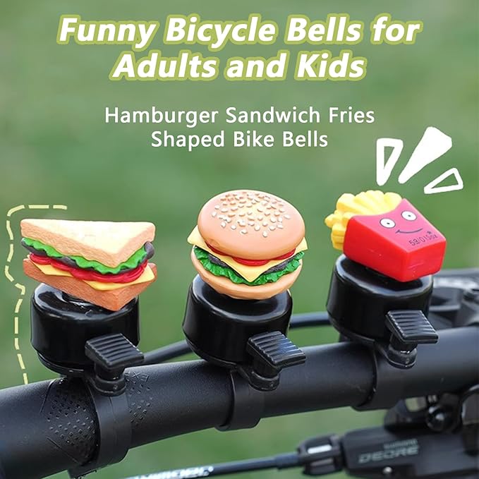 3 Pack Cute Bike Bell, Funny Bicycle Bells for Adults and Kids, Cartoon Hamburger Sandwich Fries Bike Bells for Girls Boys, Loud Cycling Ring Bell for Road Bike Mountain Bike Scooter Accessories