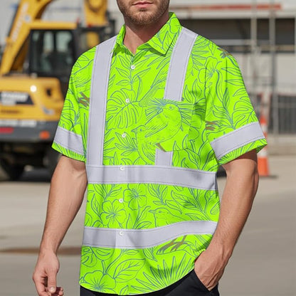 High Visibility Hawaiian Shirt for Men Tropical Shirts Custom Name Floral Outfit Reflective Safety Workwear