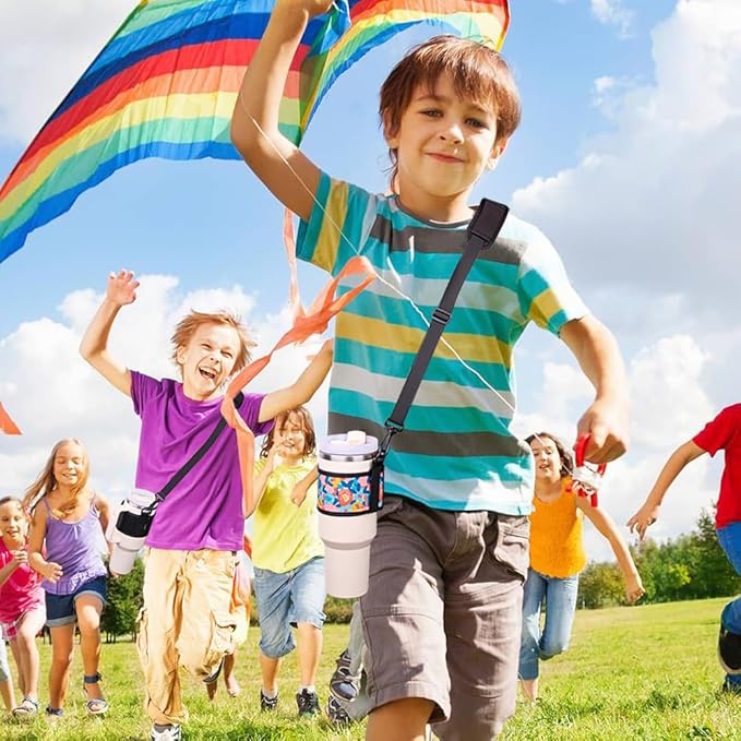 Water Bottle Carrier Holder with Shoulder Strap Water Bottle Handle Strap Sling for Stanley 30&40oz Tumblers with 2pc Straw Covers Toppers for Stanley Cup Holder (Black)