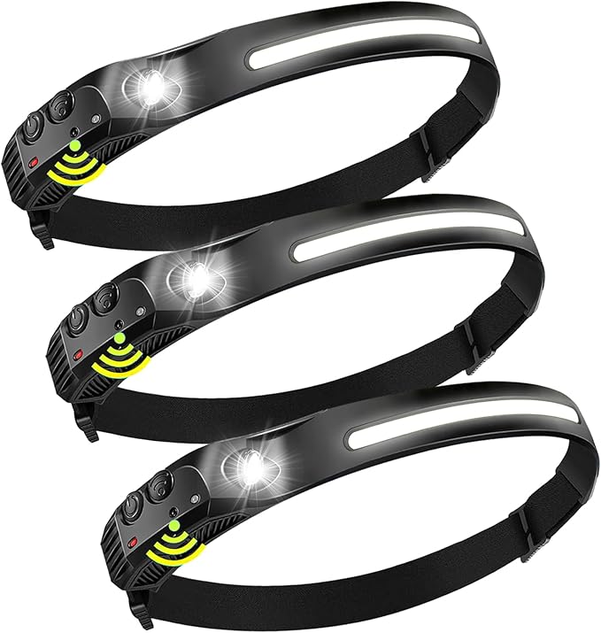 Rechargeable Headlamps 3 Packs,LED Head lamp Rechargeable,2000mAh Battery Powered Motion Sensor 5 Modes,Super Bright Headlamps for Adults,Type-C USB Charging for Hard Hat Outdoor Camping Hiking