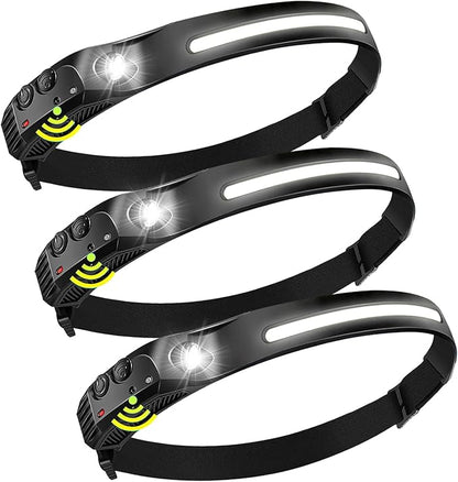 Rechargeable Headlamps 3 Packs,LED Head lamp Rechargeable,2000mAh Battery Powered Motion Sensor 5 Modes,Super Bright Headlamps for Adults,Type-C USB Charging for Hard Hat Outdoor Camping Hiking