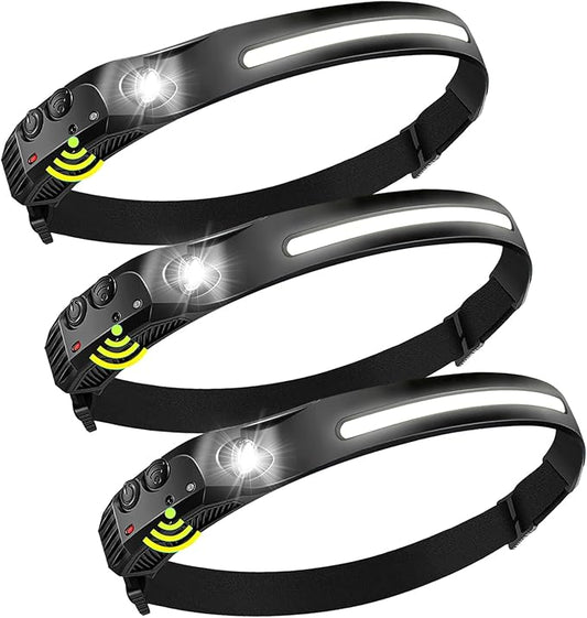 Rechargeable Headlamps 3 Packs,LED Head lamp Rechargeable,2000mAh Battery Powered Motion Sensor 5 Modes,Super Bright Headlamps for Adults,Type-C USB Charging for Hard Hat Outdoor Camping Hiking
