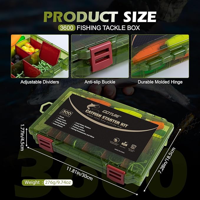 Goture Catfish Rig Making Kit,301pcs Catfishing Tackle with Luminous Fishing Hook Swivel Sinker Weights Rattle Float Bobber Stoppers,Catfish Rigs Accessories with 3600 Tackle Box,Gifts for Men