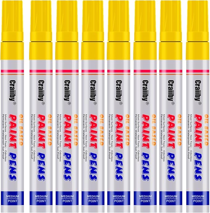 Yellow Paint Markers, 8 Pack Oil-Based Waterproof Quick Dry Permanent Paint Pen Set for Rocks Painting, Wood, Fabric, Plastic, Canvas, Glass, Mugs, Metal, Tire, Stone, DIY Craft