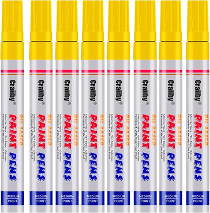 Yellow Paint Markers, 8 Pack Oil-Based Waterproof Quick Dry Permanent Paint Pen Set for Rocks Painting, Wood, Fabric, Plastic, Canvas, Glass, Mugs, Metal, Tire, Stone, DIY Craft