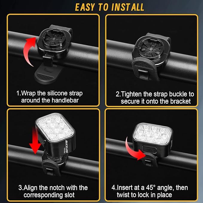 BUCKLOS Bike Lights Front and Back for Night Riding, 10 LED Ultra Bright 8+9 Modes USB Rechargeable Bicycle Headlight and Tail, IPX6 Waterproof 1100mAh Bikes Light Set, 35 Hrs Long Battery Powered