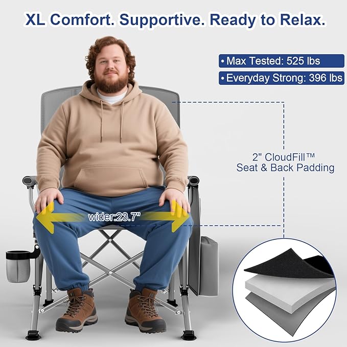 XL Heavy Duty Camping Chair 396lb Capacity (525lb MAX) - Waterproof 1680D Oxford - Oversized 2" Thick Padded Seat with Cup Holder & Cooler - Portable for Camping, Beach, Tailgating Taupe/Olive