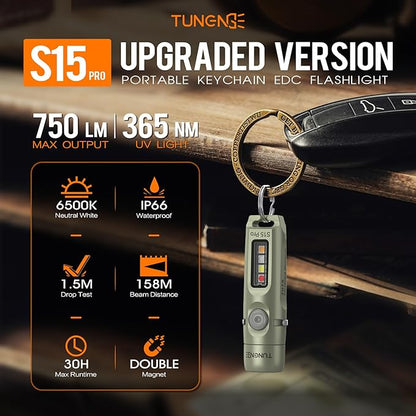S15Pro 7075 Aluminum Keychain Flashlight Rechargeable, 750 Lumen EDC Pocket Flashlight Magnet, Mini Flashlight with Side Light 5 Modes+365nmUV for Detection Banknotes, Camping, Emergencie