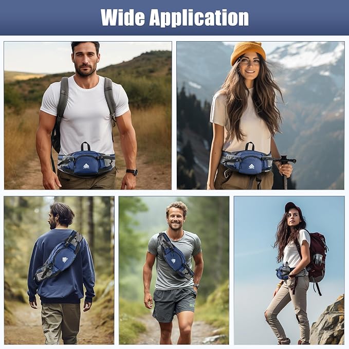 Fanny Pack Waist Bag with Water Bottle Holder for Men Women Running Hiking Travel Dog Walking Workout Cycling Outdoor (Dark Blue)