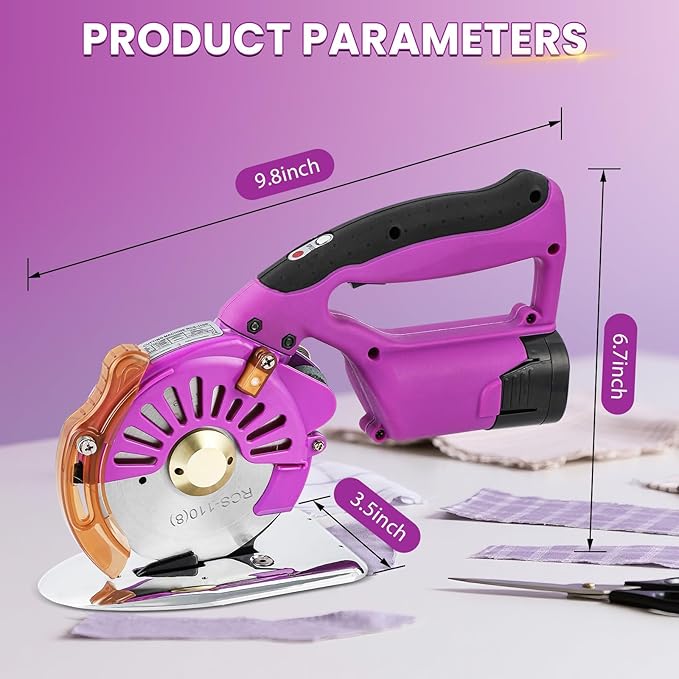 BAOSHISHAN Electric Fabric Rotary Cutter with 2x14.8V Battery Big Cordless Speed Adjustable Scissor 100mm/4inch Round Knife Leather Cutting Machine Suitable for Multi-Layer Fabric (Purple (Cordless))