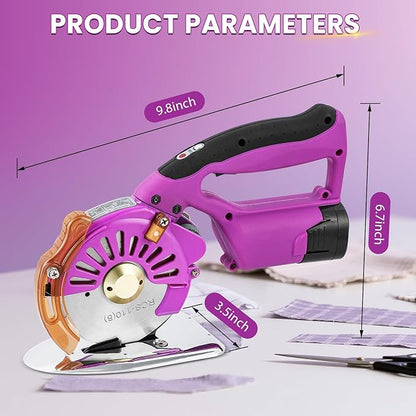 BAOSHISHAN Electric Fabric Rotary Cutter with 2x14.8V Battery Big Cordless Speed Adjustable Scissor 100mm/4inch Round Knife Leather Cutting Machine Suitable for Multi-Layer Fabric (Purple (Cordless))