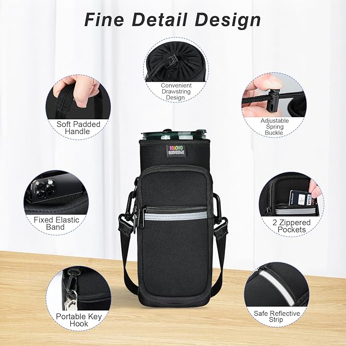 Nuovoware Water Bottle Carrier Bag,25oz/40oz/64oz Bottle Pouch Holder,Adjustable Shoulder Hand Strap 2 Pocket Sling Neoprene Sleeve Sports Accessories for Hiking Travelling Camping