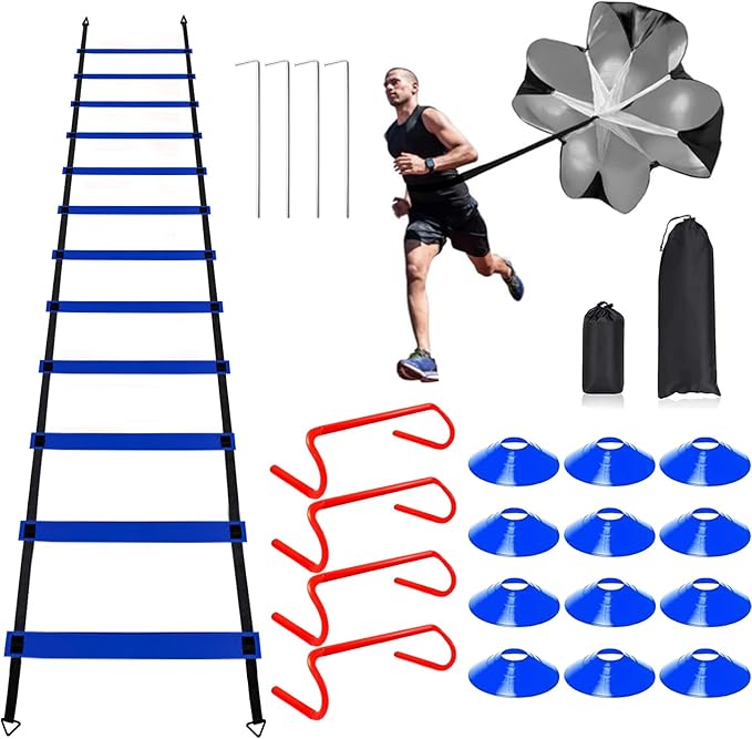 Professional Agility Ladder Speed Training Equipment Set-20ft Agility Ladder,12 Soccer Cones, 4 Agility Hurdles, Running Parachute, Suitable for Soccer Football Basketball Training