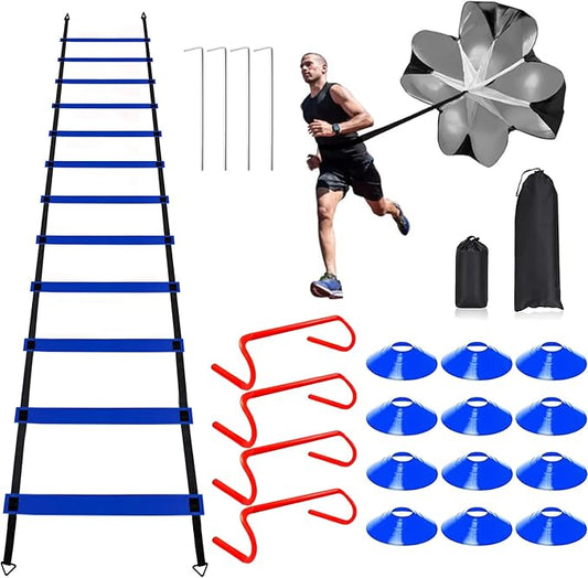 Professional Agility Ladder Speed Training Equipment Set-20ft Agility Ladder,12 Soccer Cones, 4 Agility Hurdles, Running Parachute, Suitable for Soccer Football Basketball Training